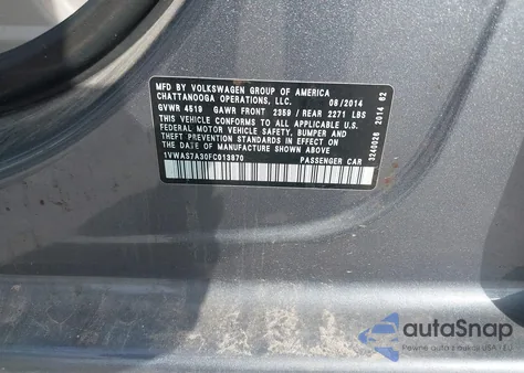 2015 Volkswagen Passat 1.8T S z USA, uszkodzony, nr VIN 1VWAS7A30FC013870